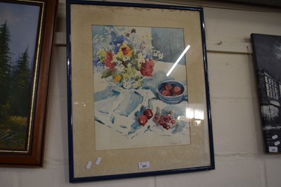 Lot 665 - WATERCOLOUR OF FLOWERS AND FRUIT, SIGNED...