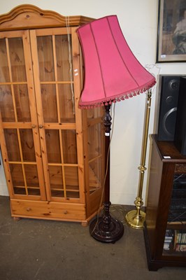 Lot 697 - WOODEN STANDARD LAMP WITH PINK SHADE