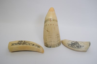 Lot 8 - Number of scrimshaw tusks, decorated with...