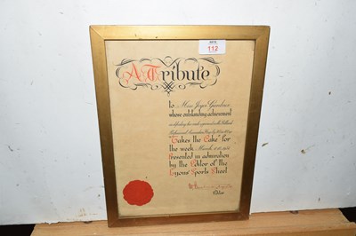 Lot 112 - Framed certificate, A tribute to Miss Joyce...
