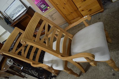 Lot 332 - PAIR OF MODERN LIGHT WOOD FRAMED CARVER CHAIRS...