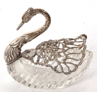 Lot 155 - A silver and cut glass swan dish, the body of...