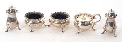 Lot 157 - A George V silver five piece cruet set to...