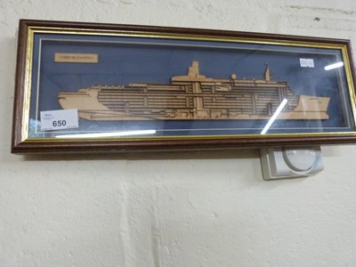 Lot 650 - Wooden open plan relief model of the QEII, framed