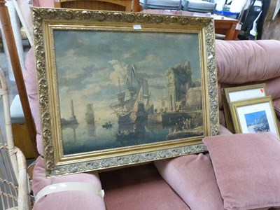 Lot 716 - Ships at harbour, reproduction old master...