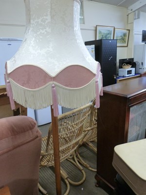 Lot 732 - Pine standard lamp with pink and cream shade