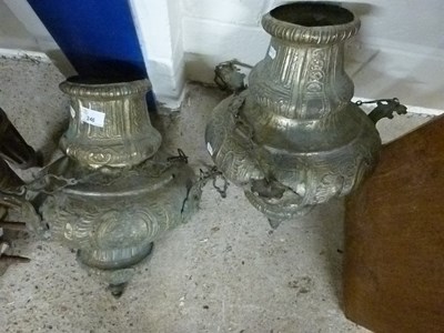 Lot 246 - Pair of pressed brass hanging lanterns