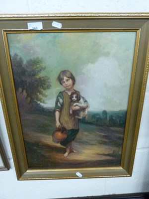 Lot 269 - Oil on board study of a child with puppy,...