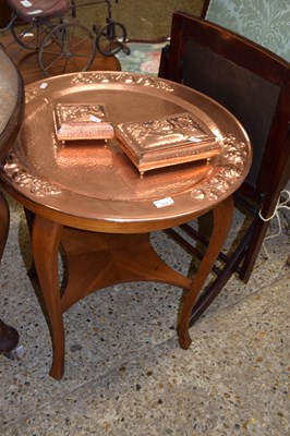Lot 313 - Copper tray top drinks table together with two...