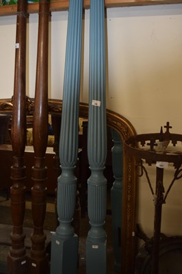 Lot 390 - Pair of turned hardwood bed posts, painted blue