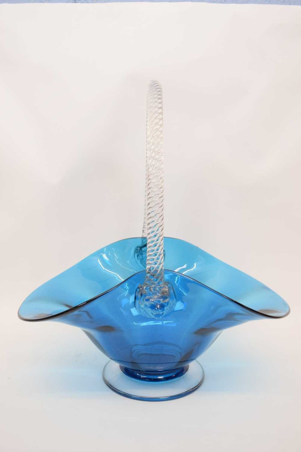 Lot 32 - Large blue coloured glass basket with ribbed...