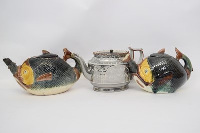 Lot 71 - Group of three tea pots, two Majolica style...