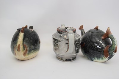 Lot 71 - Group of three tea pots, two Majolica style...