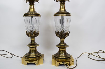 Lot 88 - Pair of brass lamps with cut glass reservoirs,...