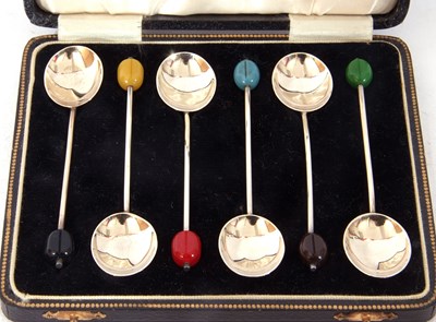 Lot 224 - Cased set of six George V coffee spoons with...