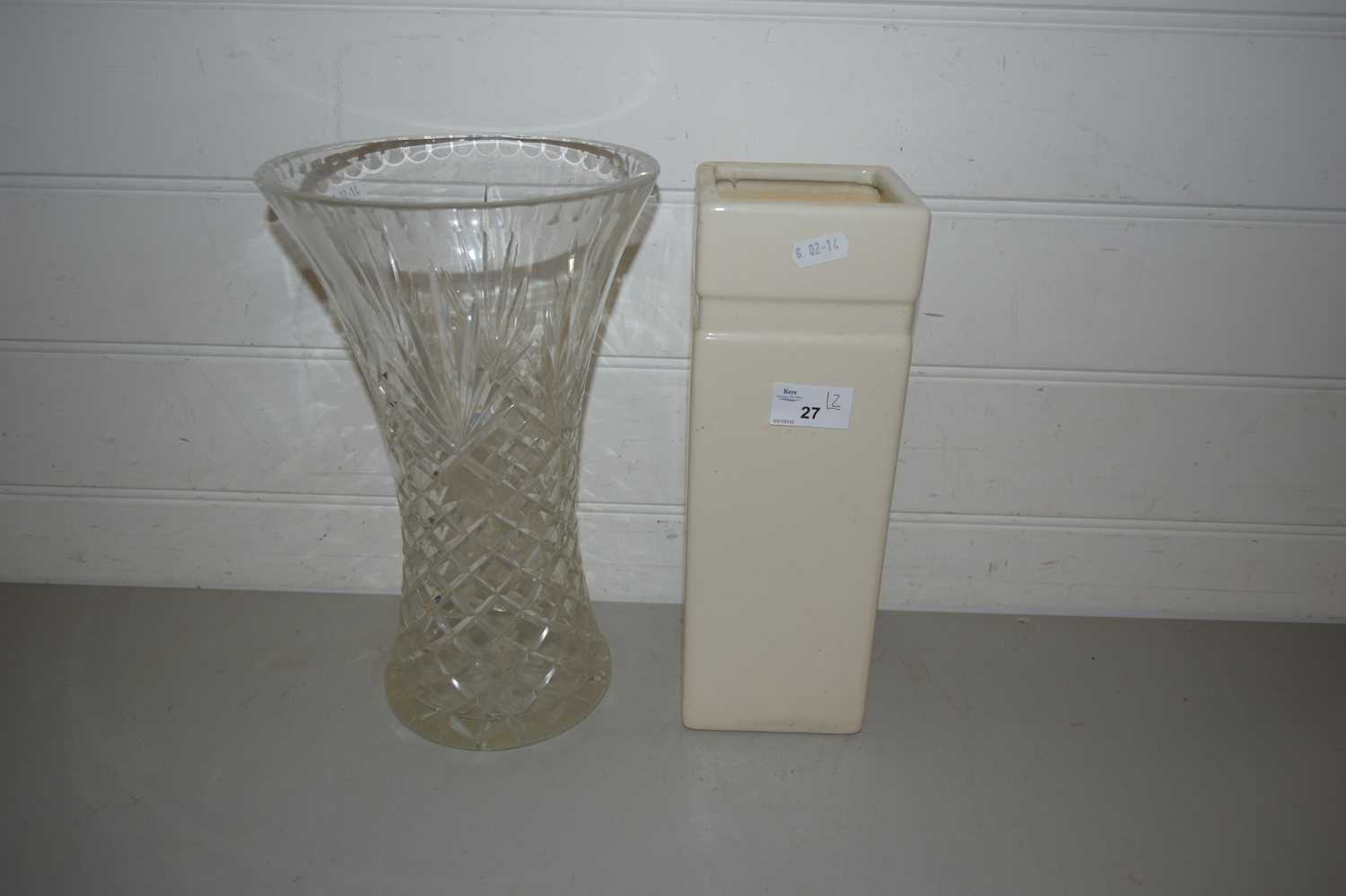 Lot 27 - LARGE CLEAR CUT GLASS VASE TOGETHER WITH A...