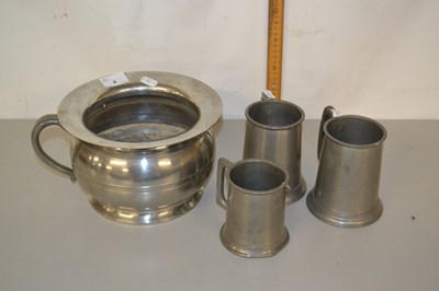 Lot 4 - A pewter chamber pot together with three...