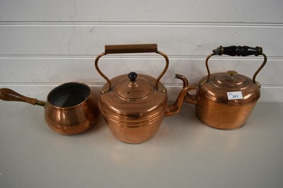 Lot 211 - TWO COPPER KETTLES AND A COPPER PAN