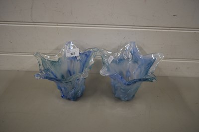 Lot 227 - PAIR OF BLUE ART GLASS FLOWER FORMED VASES