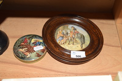 Lot 506 - TWO PRATTWARE POT LIDS, ONE WITH WOODEN SURROUND