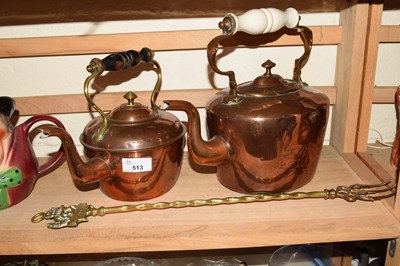 Lot 513 - TWO COPPER KETTLES AND A BRASS TOASTING IRON