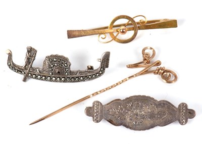 Lot 133 - Four brooches:to include a bar brooch, 4.7cm...