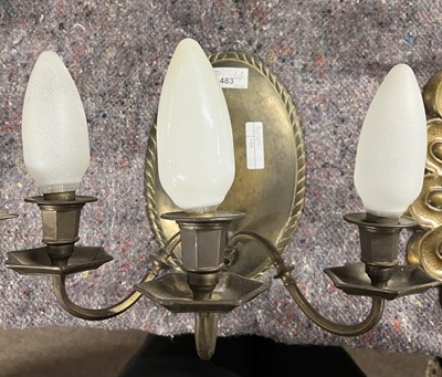 Lot 301 - A pair of 20th Century brass three branch wall...