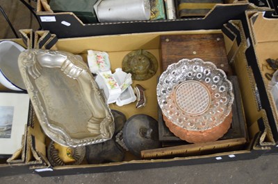 Lot 830 - BOX OF VARIOUS MIXED ITEMS, PRESSED GLASS DISH,...