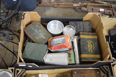 Lot 831 - BOX OF VARIOUS VINTAGE TINS AND OTHER ITEMS