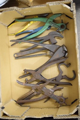 Lot 838 - BOX OF MIXED TOOLS, LEATHER PUNCHES ETC