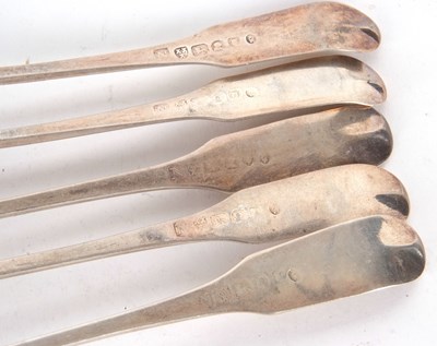Lot 165 - Five George III fiddle pattern tablespoons,...
