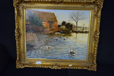 Lot 385 - RAY CANHAM, FARMYARD POND AT CATFIELD, OIL ON...