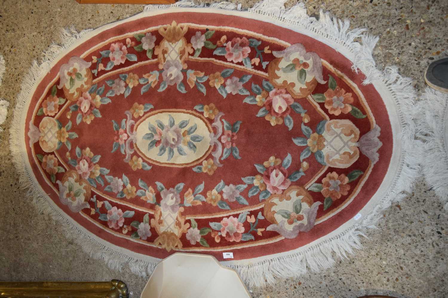 Lot 400 - CHINESE WOOL FLOOR RUG, OVAL, DECORATED WITH...