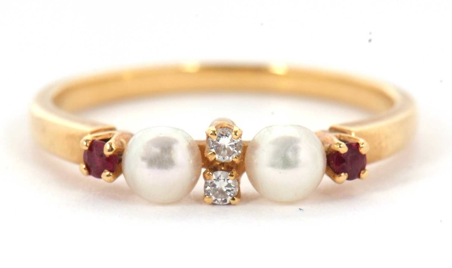 Lot 28 - A ruby, diamond and cultured pearl ring, with...