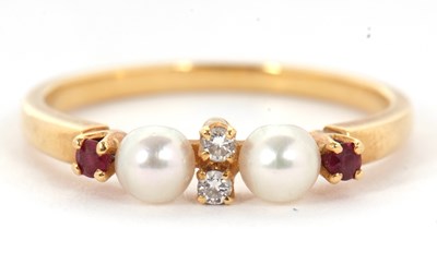 Lot 28 - A ruby, diamond and cultured pearl ring, with...