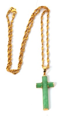 Lot 44 - A jade cross and chain stamped 916k, the 32mm...