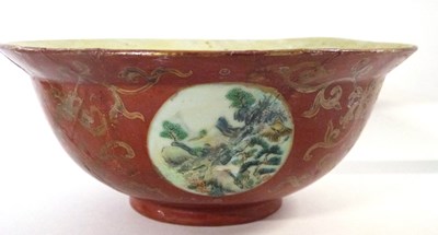 Lot 252 - A Chinese porcelain bowl, the coral ground...