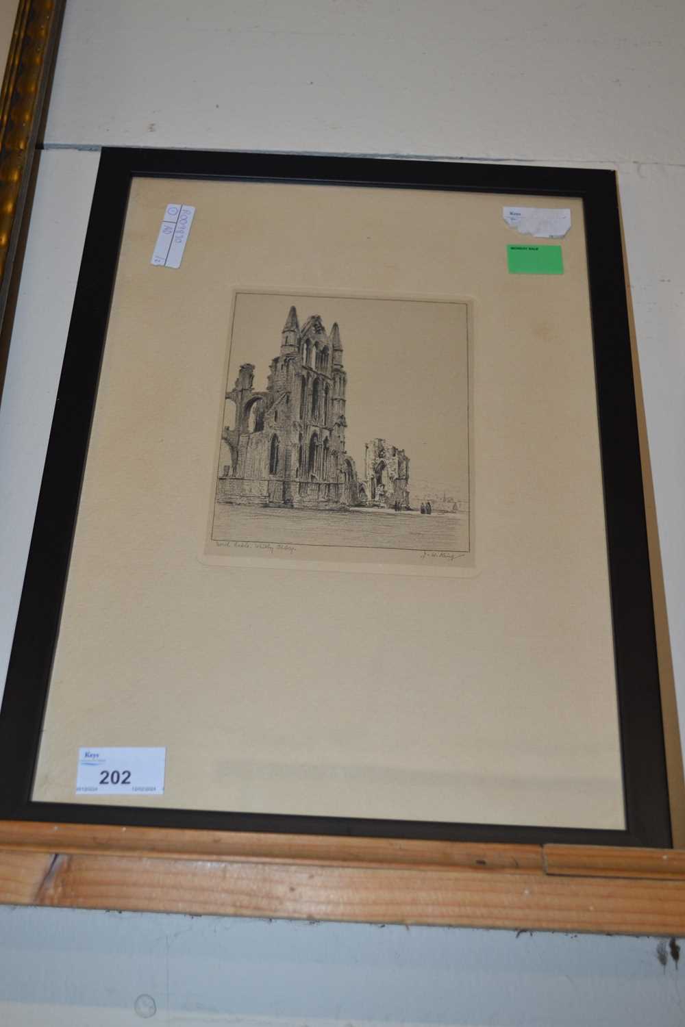 Lot 202 - J W King, small etching of Whitby Abbey and