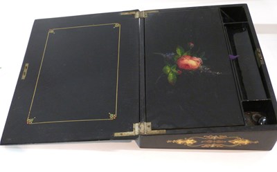 Lot 368 - Victorian lacquer writing box with painted...