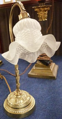 Lot 371 - A brass desk lamp with frosted glass shade