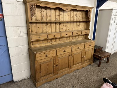 Lot 228 - Large 20th Century pine kitchen dresser, 216cm...