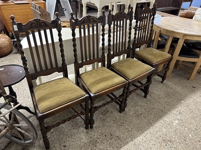 Lot 250 - Set of four oak barley twist framed dining chairs