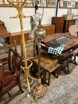 Lot 327 - Brass and copper pedestal oil lamp with later...