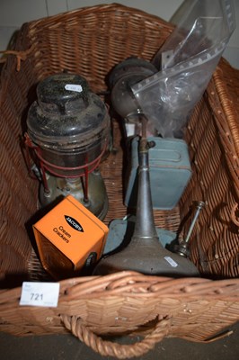 Lot 721 - Wicker hamper, quantity of oil lamps and other...