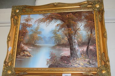 Lot 751 - River through woodland, oil on canvas in gilt...