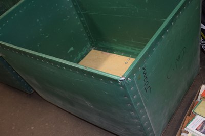 Lot 838 - Plywood and green plastic laundry bin on casters