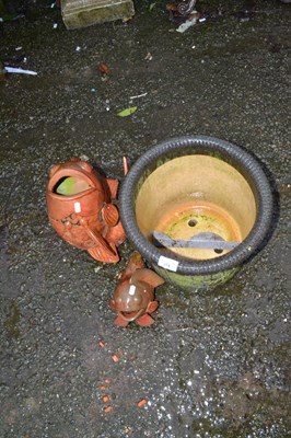 Lot 374 - Two terracotta fish models and a ceramic planter