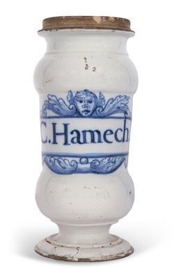 Lot 51 - An 18th Century Delft drug jar with central...