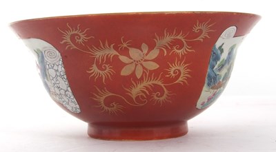 Lot 104 - A coral ground Chinese porcelain flared bowl...