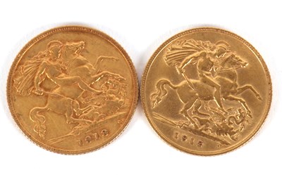 Lot 157 - A 1912 half sovereign 4.0g, and a 1913 half...